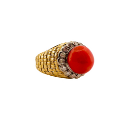 Bague Cannage en or jaune, corail et diamants