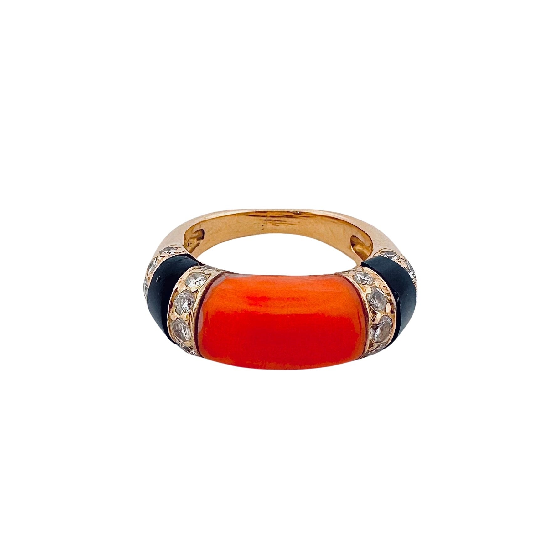 Bague Jonc en or jaune, corail, onyx et diamants