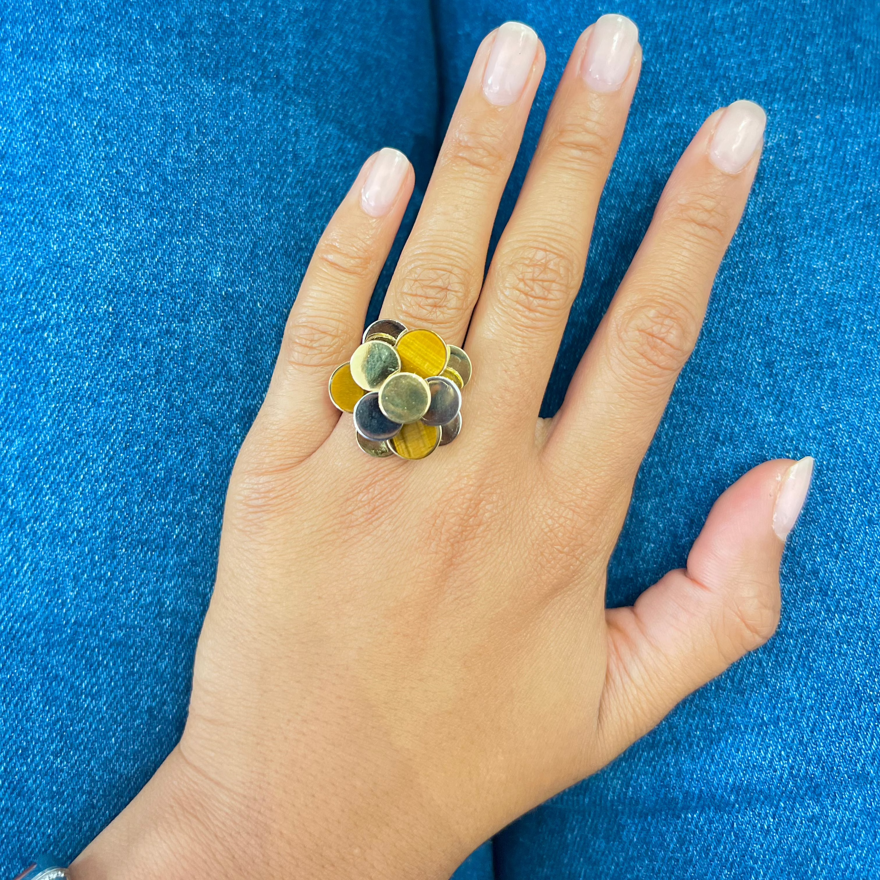 Bague Pastilles en or jaune, or blanc et oeil de tigre