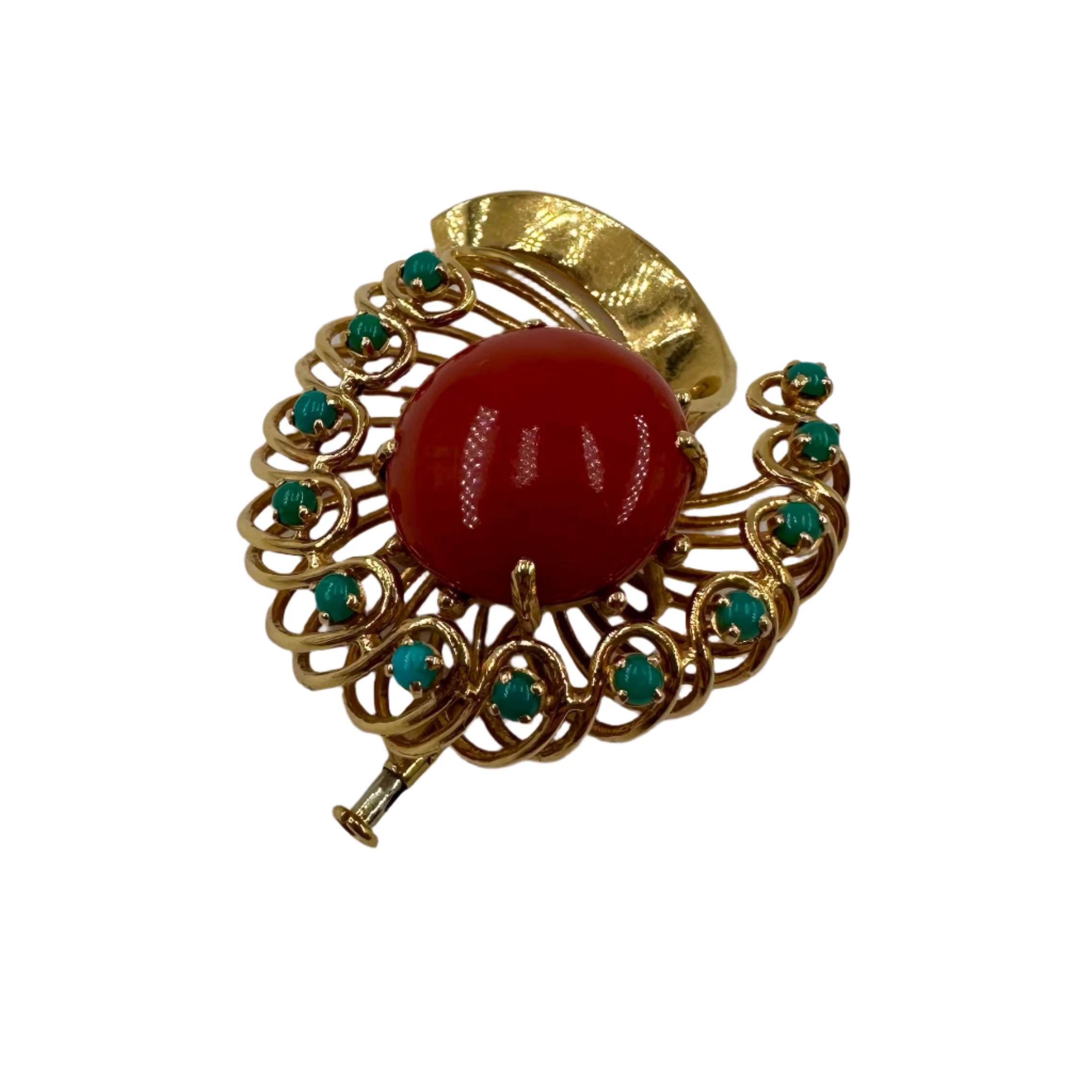 Broche Clip Fleur en or jaune, corail et turquoises