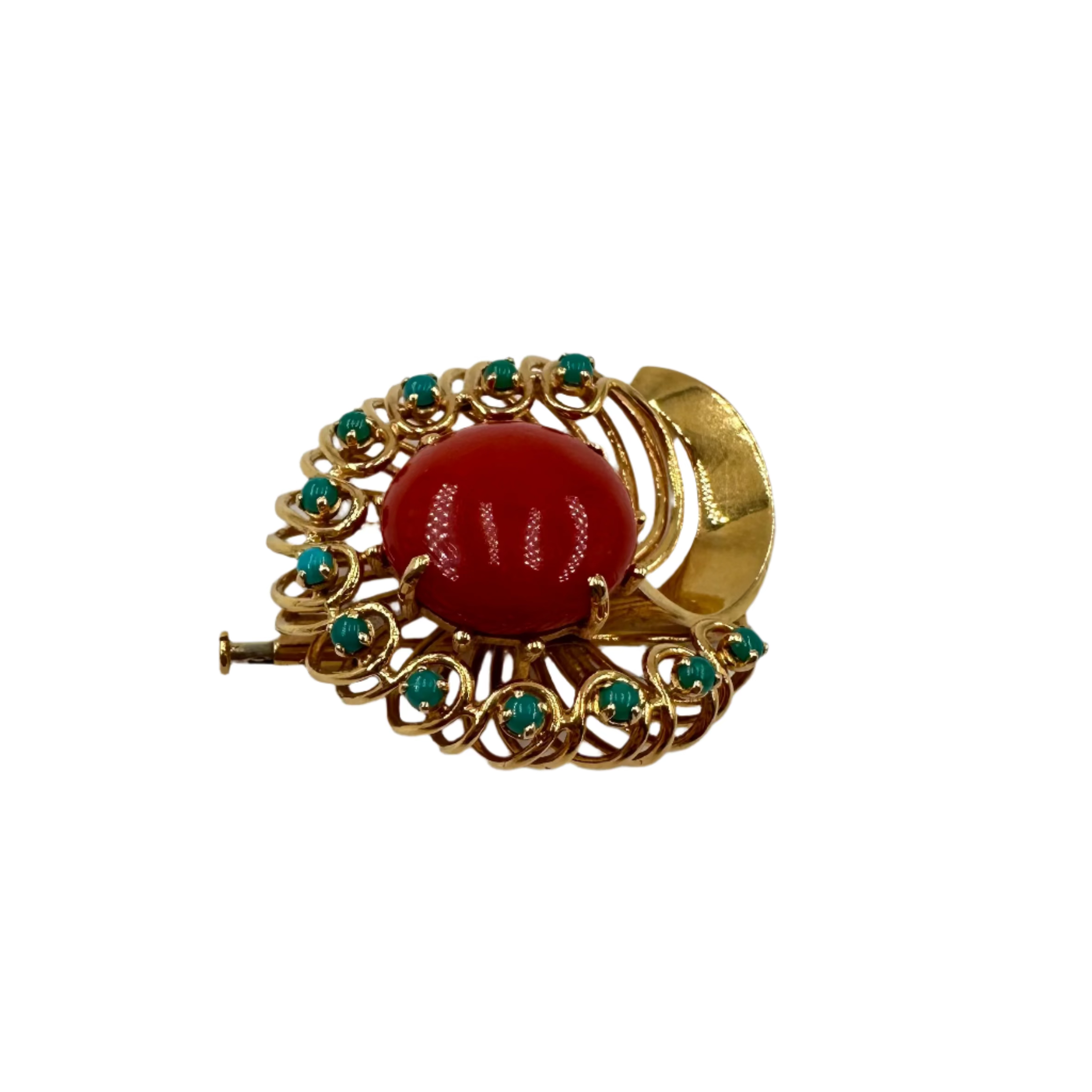 Broche Clip Fleur en or jaune, corail et turquoises
