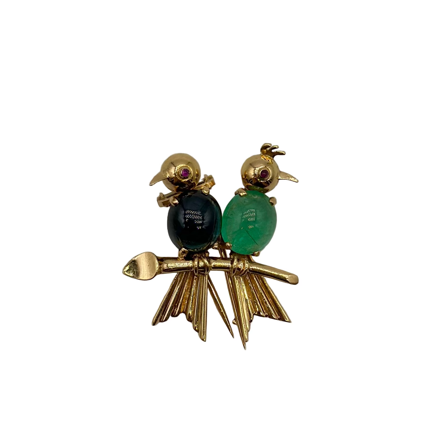 Broche FRED Deux Oiseaux en or jaune, émeraude et saphir