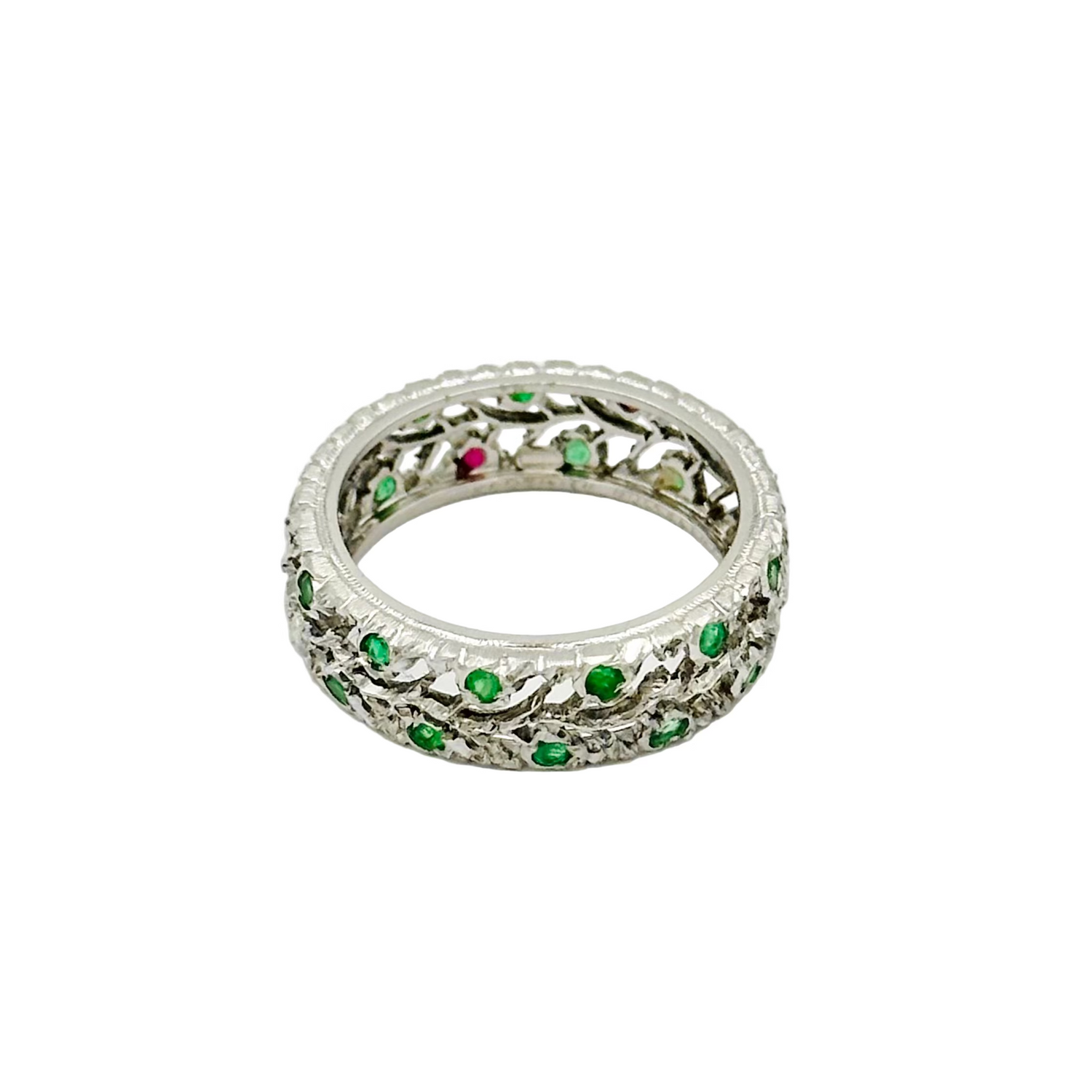 Bague Bandeau BUCCELLATI Éternelle en or blanc, rubis et émeraudes