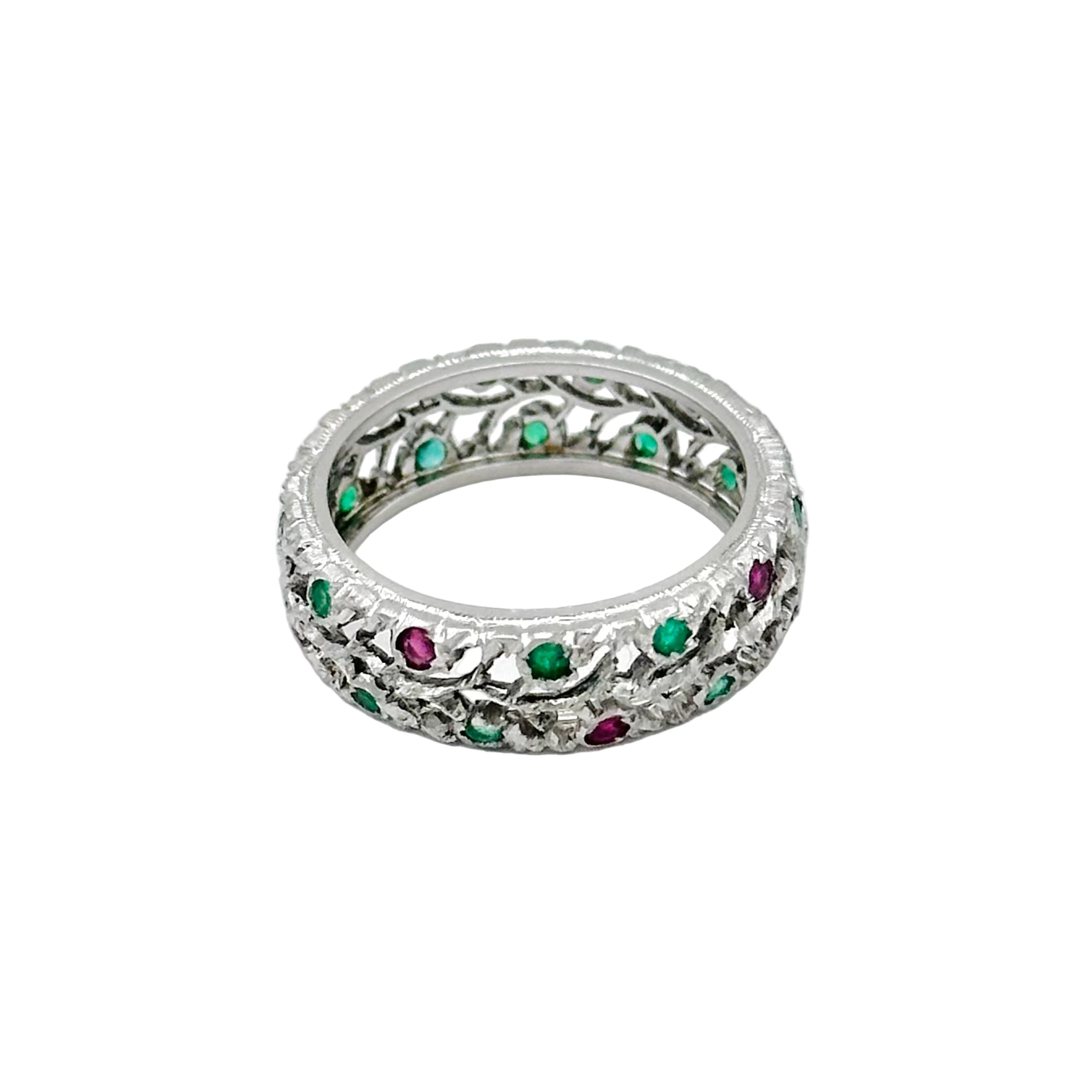 Bague Bandeau BUCCELLATI Éternelle en or blanc, rubis et émeraudes
