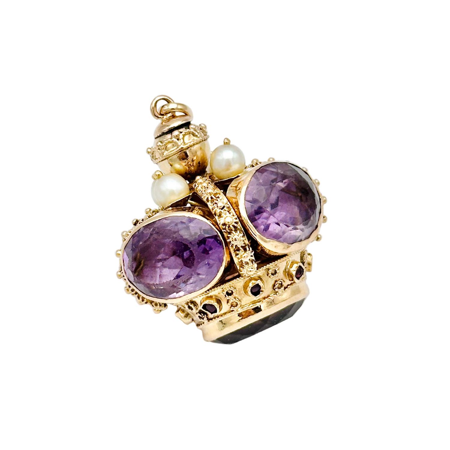 Venetian charm pendant in yellow gold, amethysts and pearls