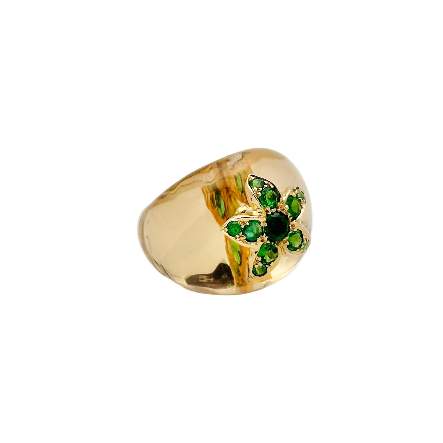 Bague Dôme LORENZ BAÜMER en or jaune, cristal de roche et émeraudes