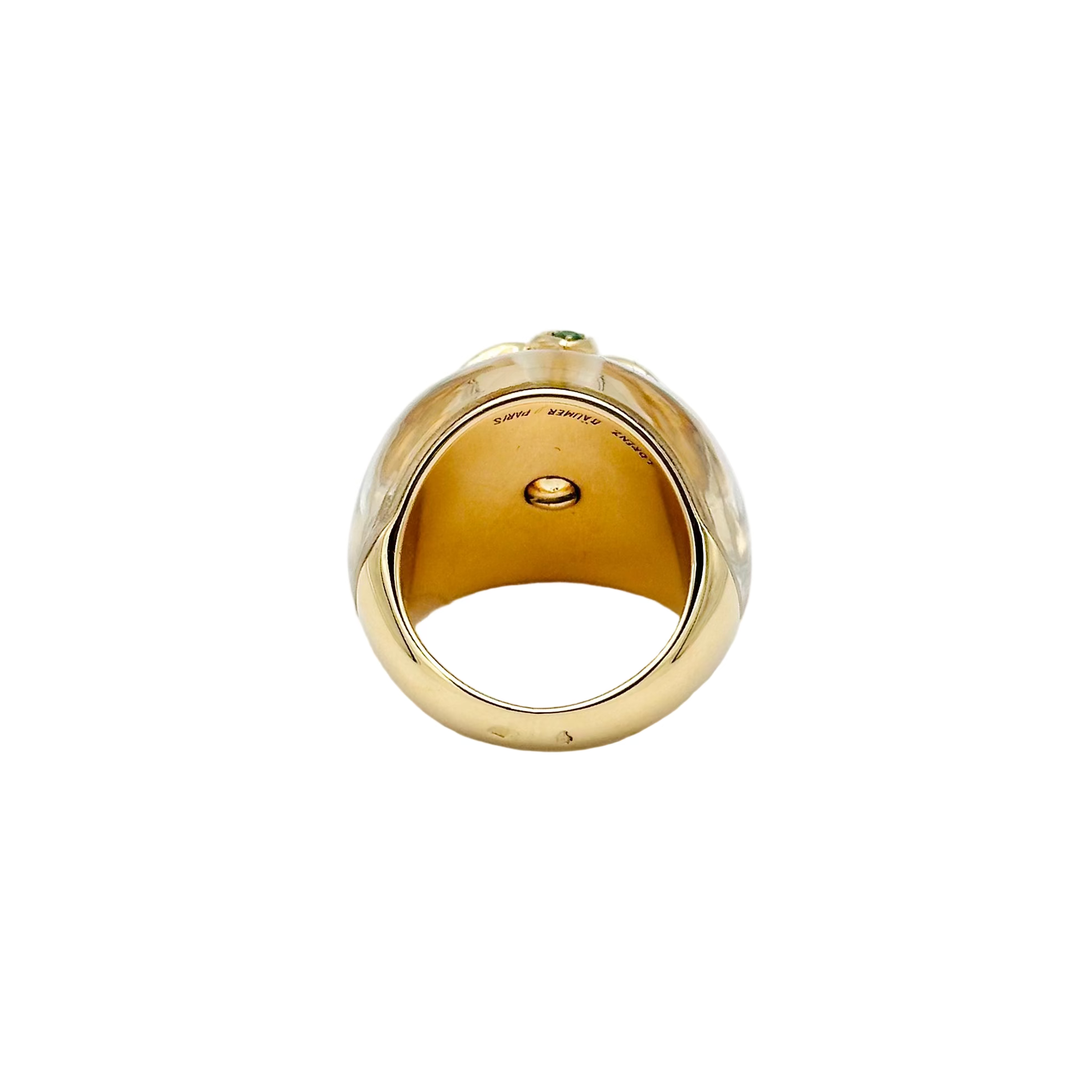 Bague Dôme LORENZ BAÜMER en or jaune, cristal de roche et émeraudes