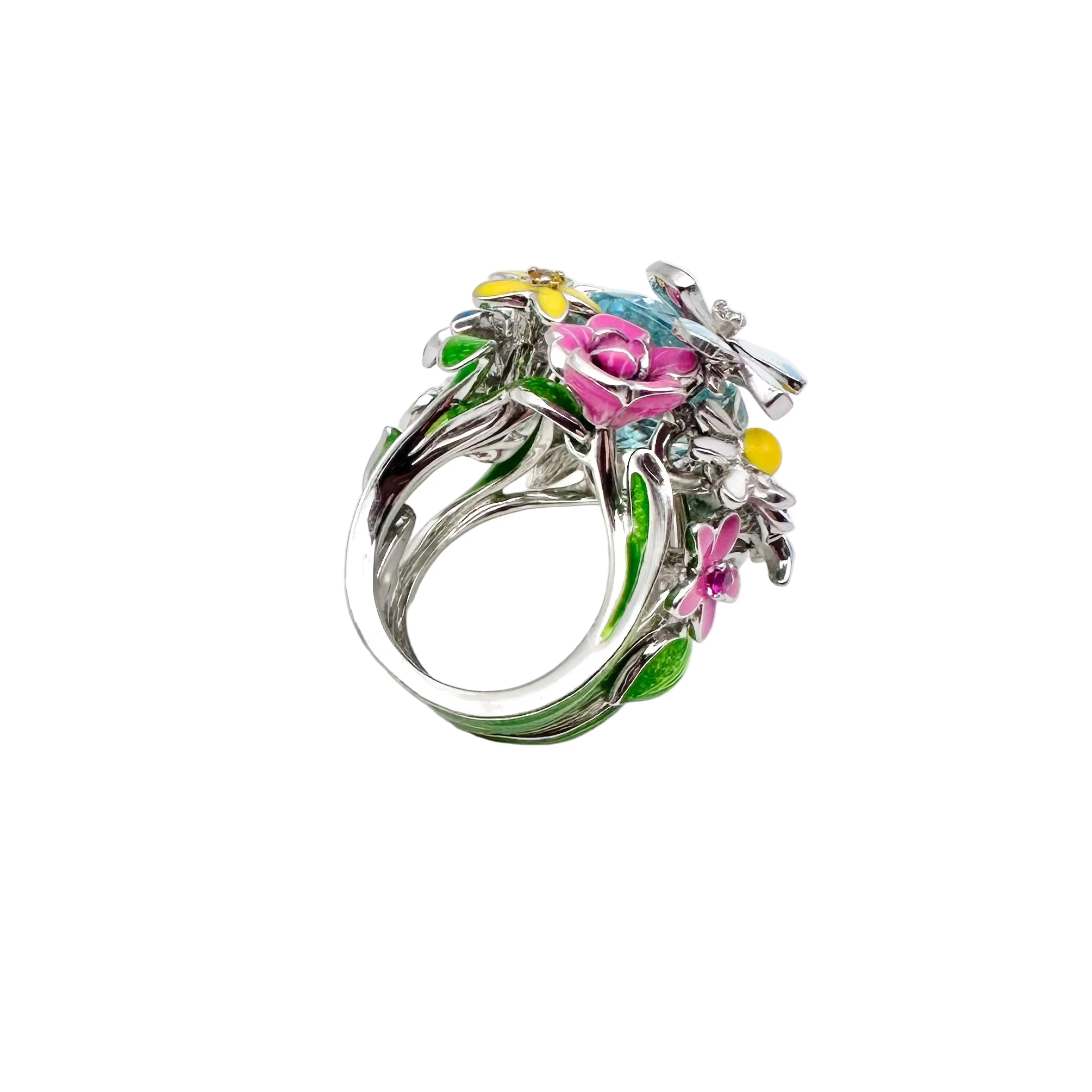 Bague Cocktail DIOR Diorette Milly-la-forêt en or blanc, aigue-marine, émail, améthyste, saphir, grenat et diamant