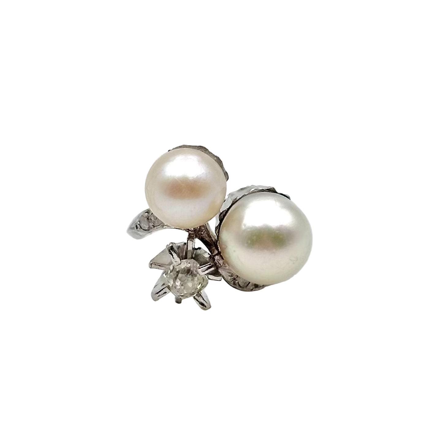 Bague Toi & Moi en or blanc, perles de culture et diamants