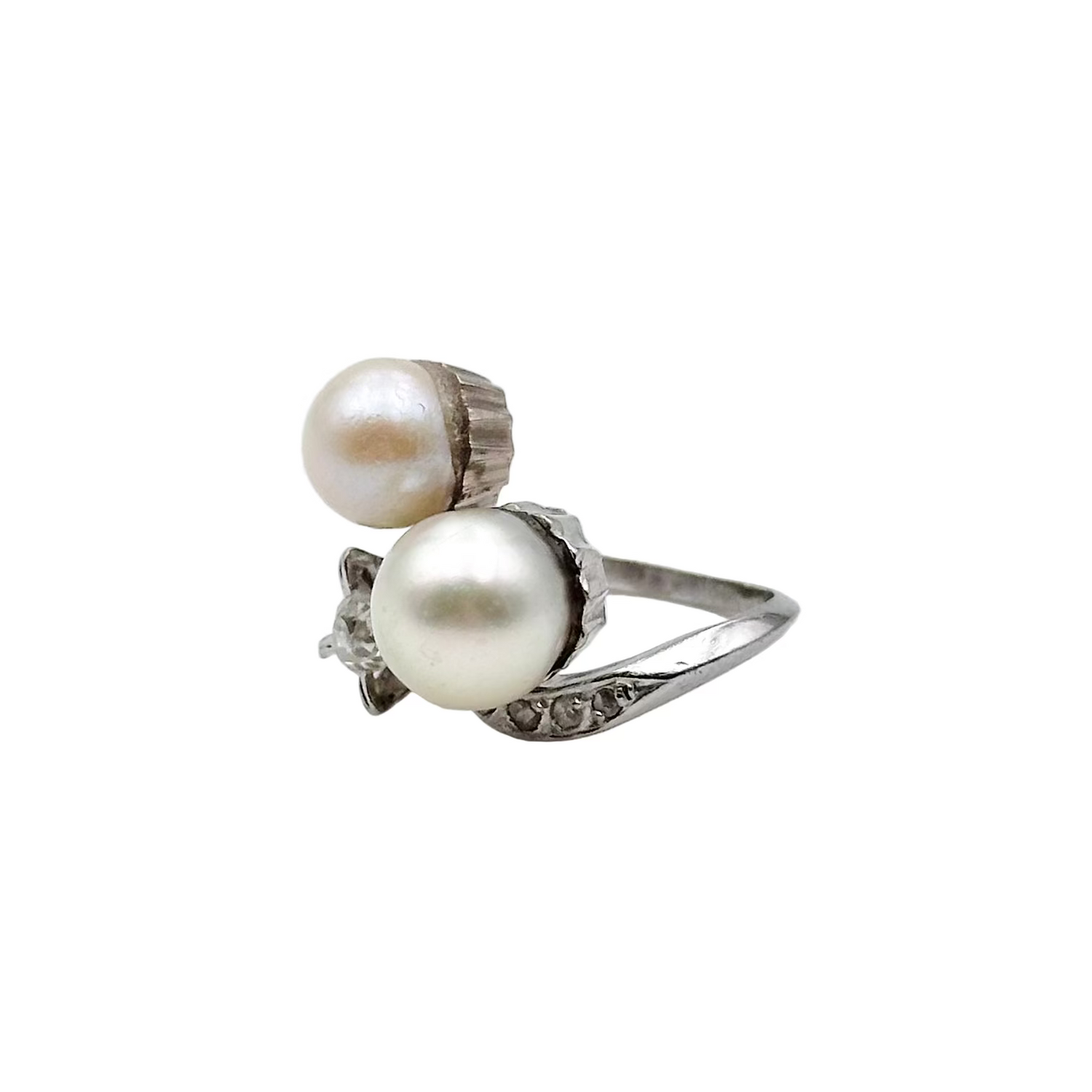 Bague Toi & Moi en or blanc, perles de culture et diamants