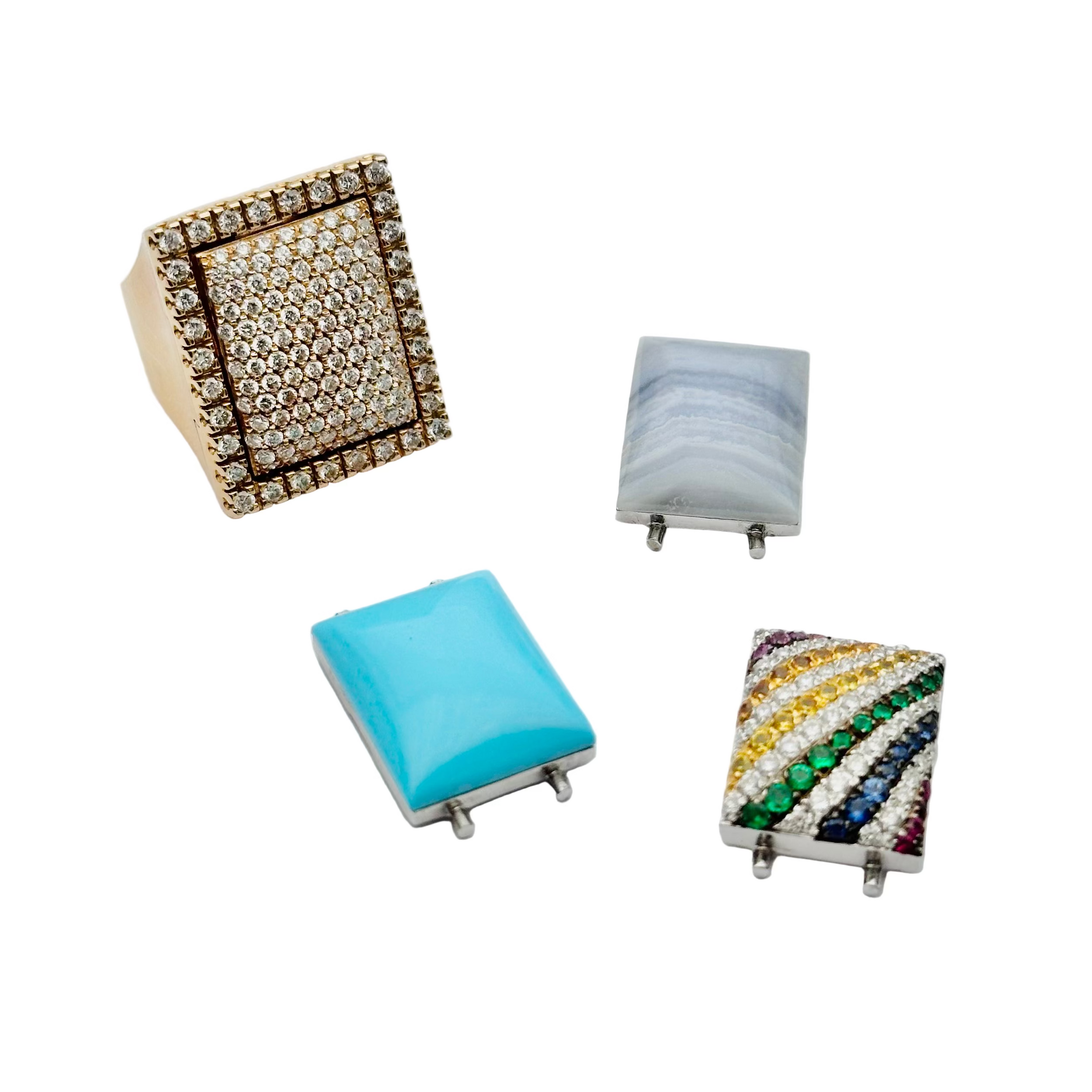 Bague Cocktail interchangeable BIBIGI en or jaune, calcédoine, émeraudes, rubis, saphirs, turquoise et diamants