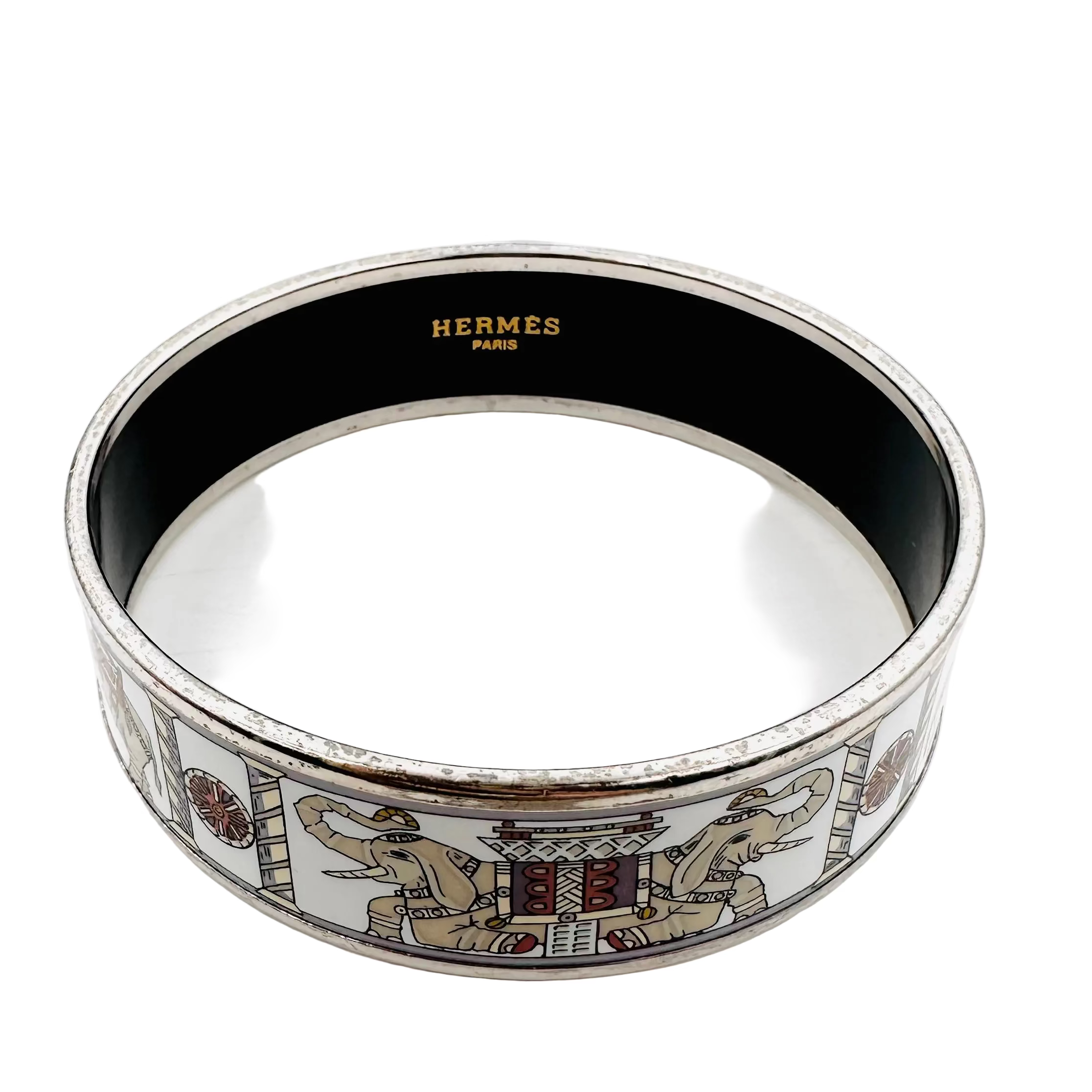 Bracelet Manchette HERMÈS Éléphants Torana en métal argenté et émail