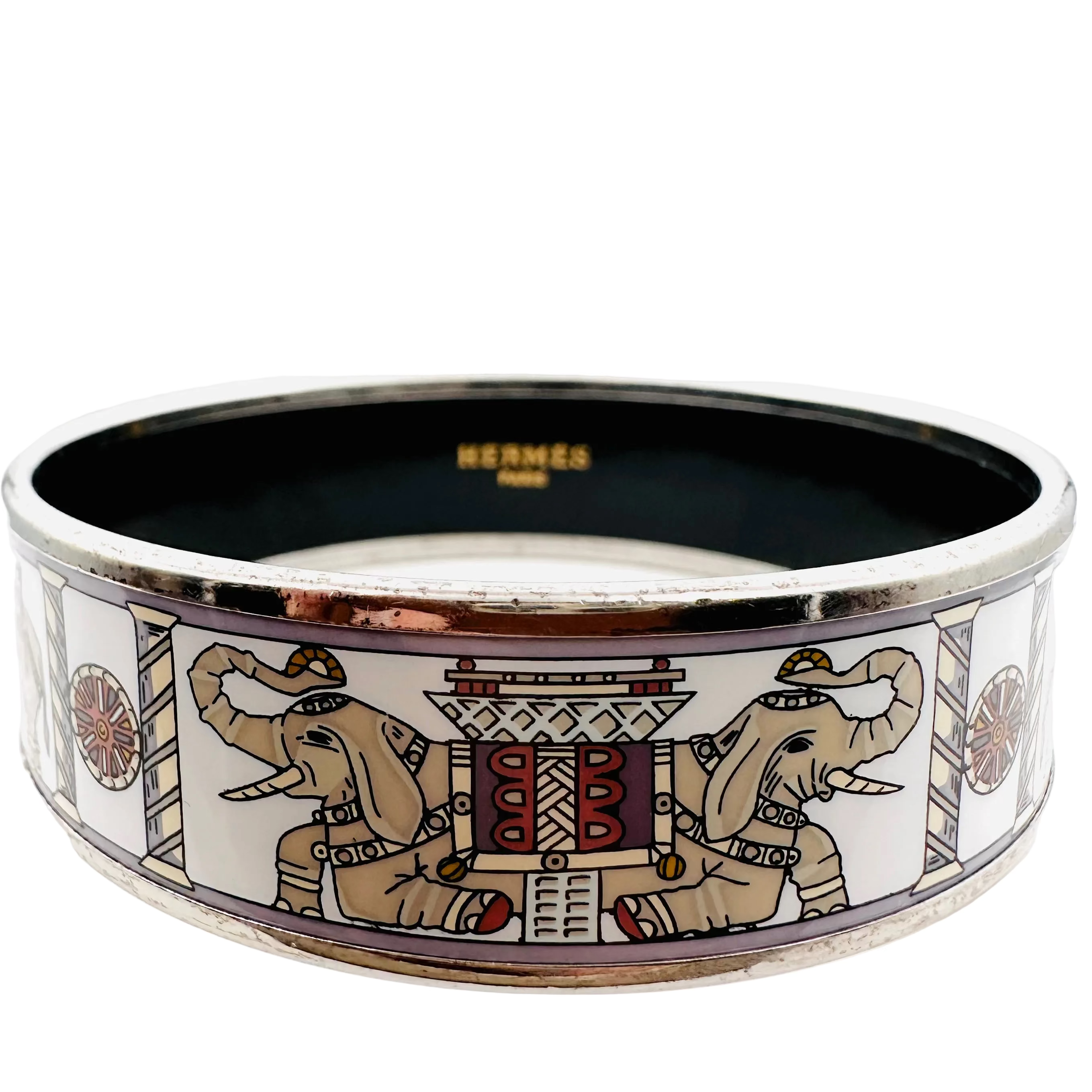 Bracelet Manchette HERMÈS Éléphants Torana en métal argenté et émail
