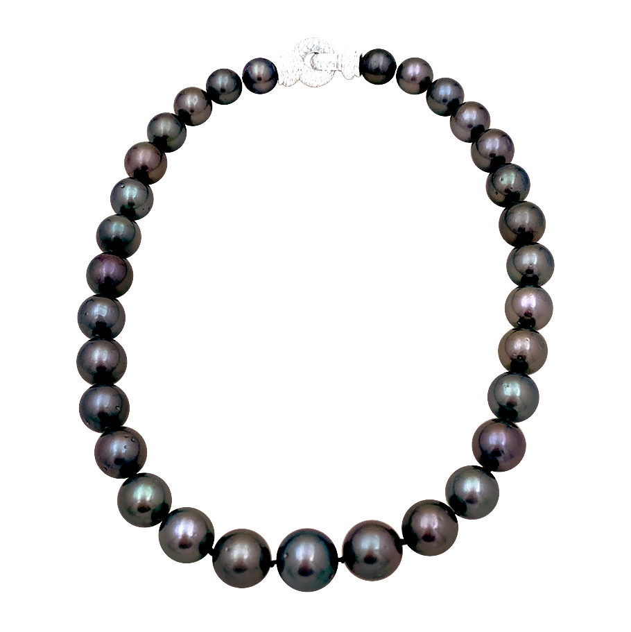 Collier perles de Tahiti, or blanc, diamants.