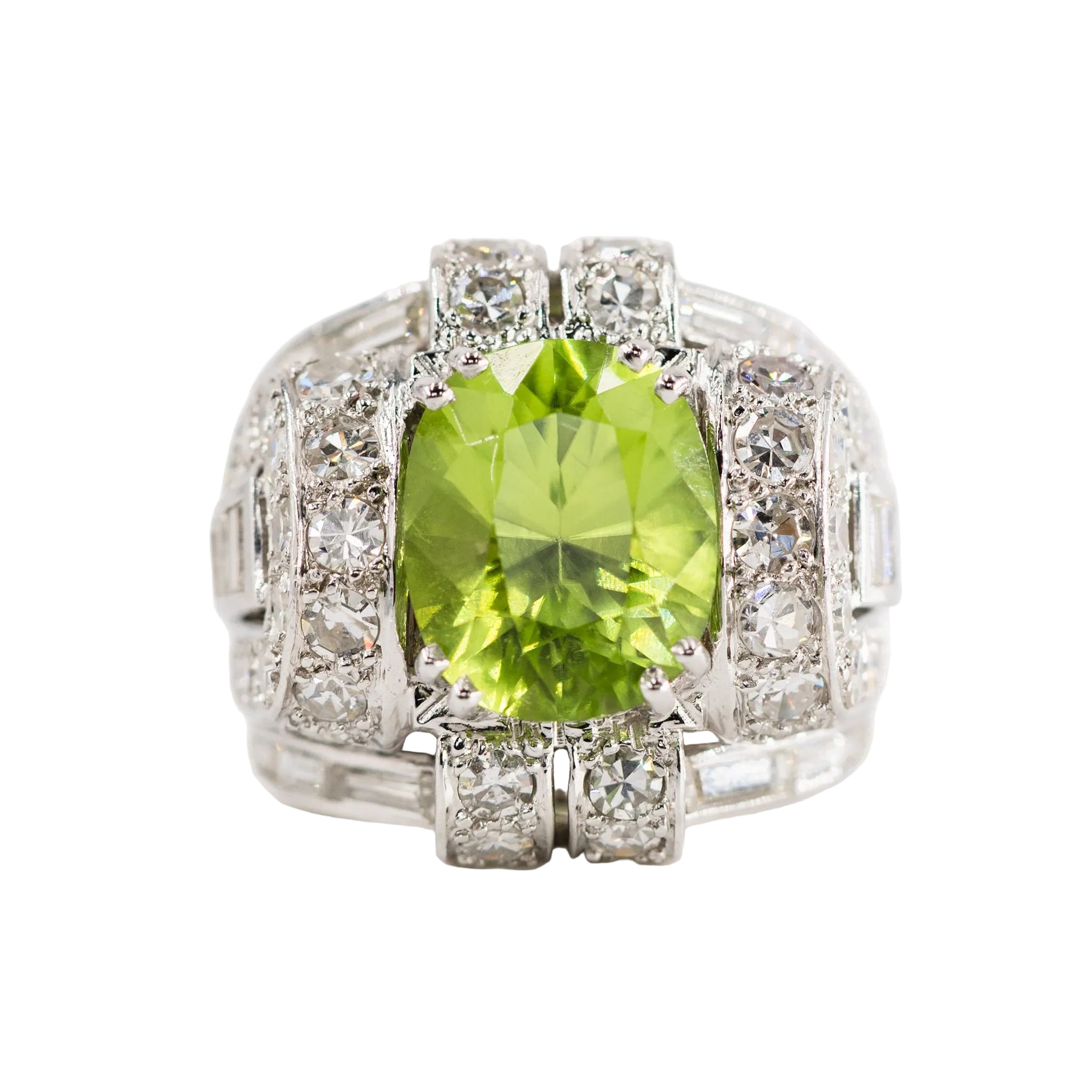 Art Deco Tank Ring in platinum, Peridot, and Diamonds