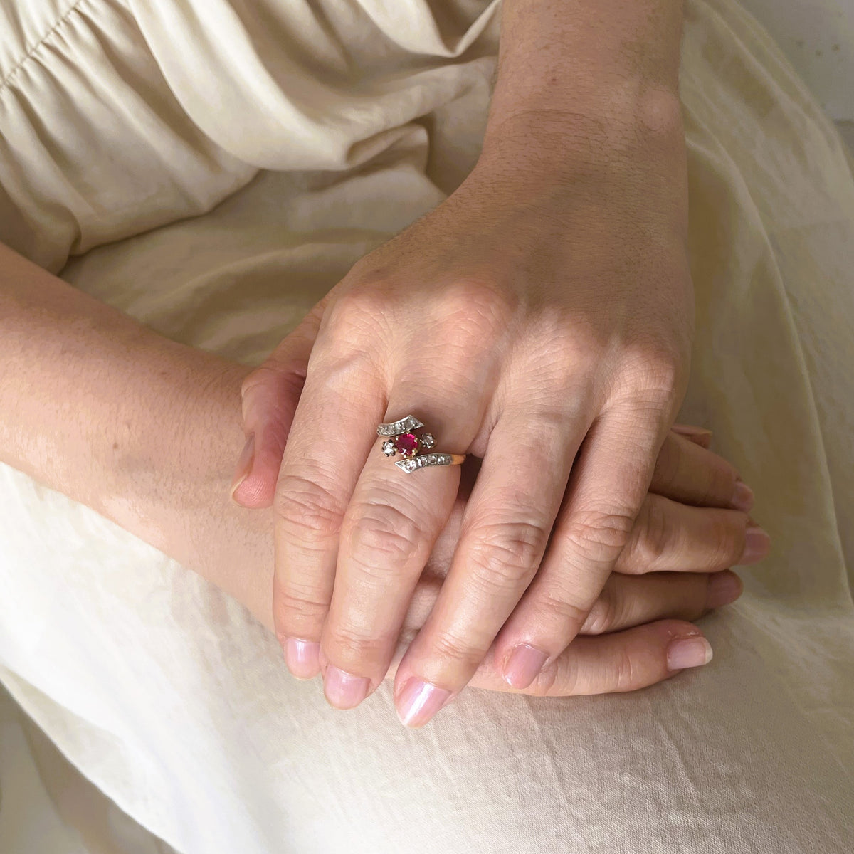 Trilogy Ring in yellow gold, Platinum, Rubies, and Diamonds