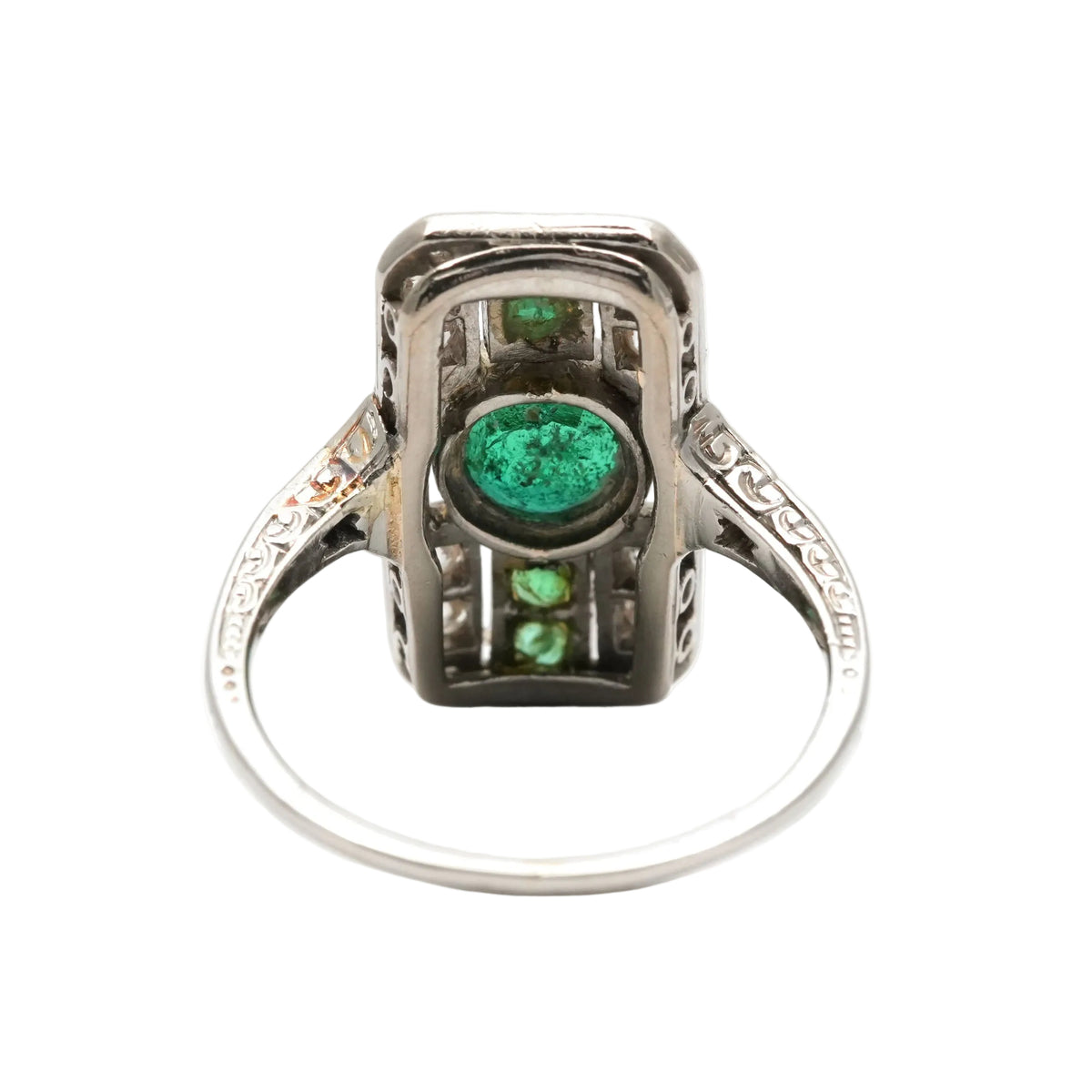 Art Deco ring in white gold, emeralds, and diamonds
