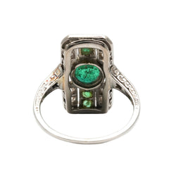 Art Deco ring in white gold, emeralds, and diamonds