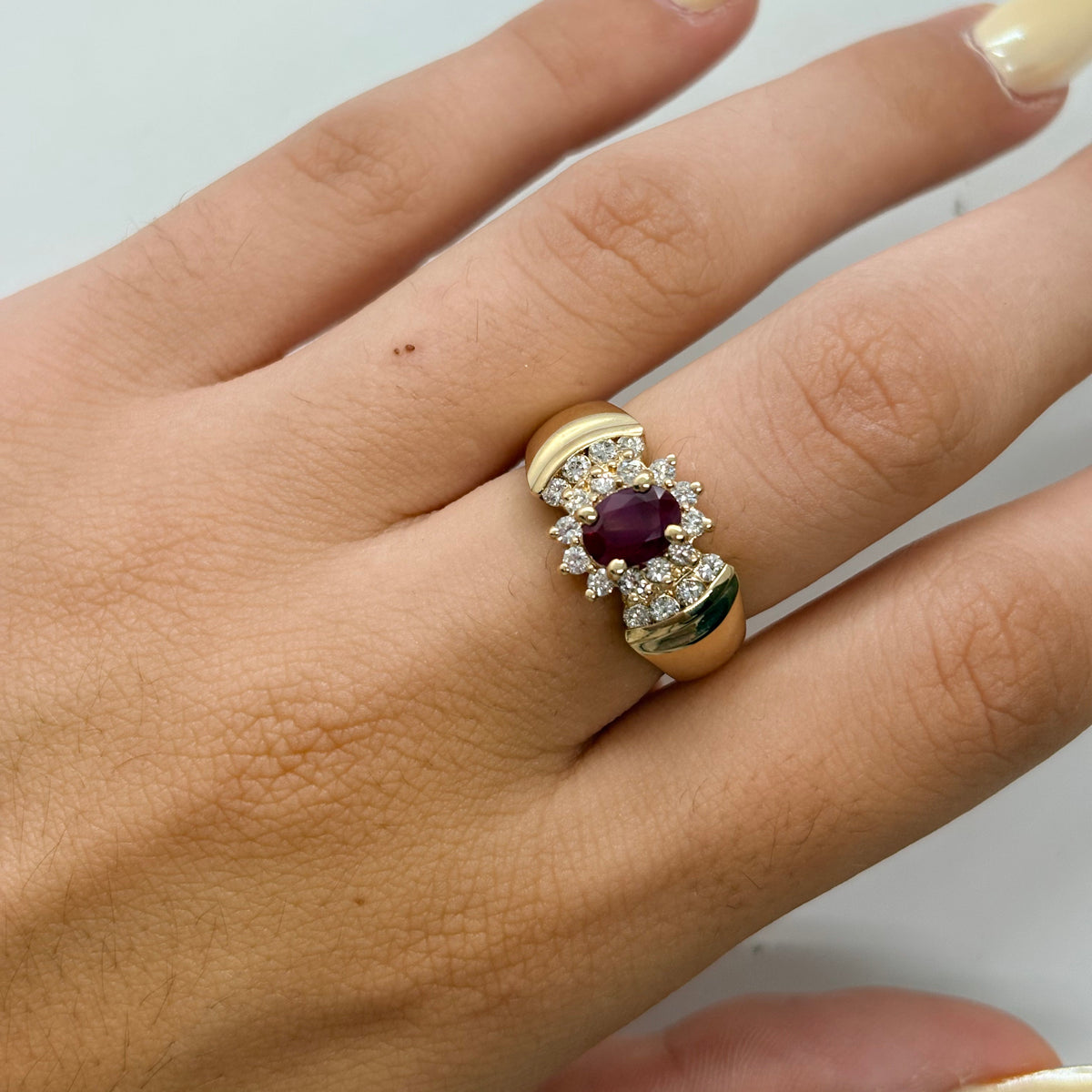 Tank Ring in yellow gold, rubies, and diamonds