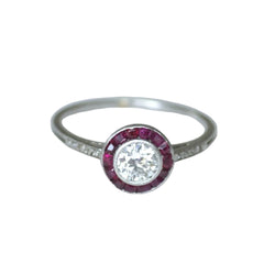 Art Deco Target Ring with Calibrated Diamonds and Rubies Set in White Gold and Platinum