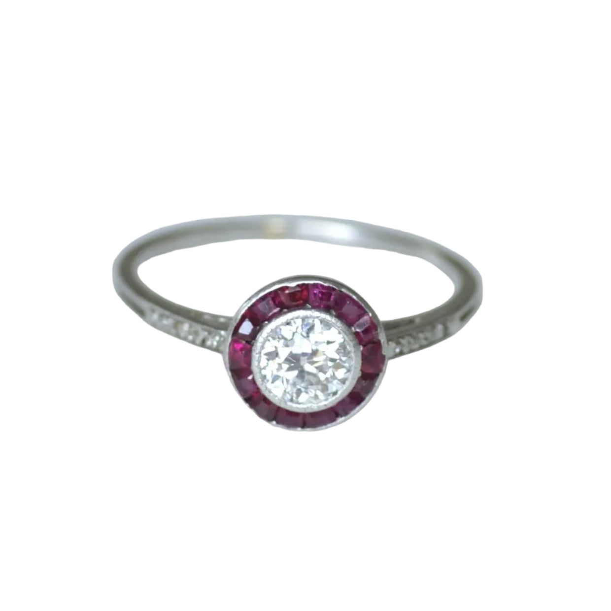Art Deco Target Ring with Calibrated Diamonds and Rubies Set in White Gold and Platinum