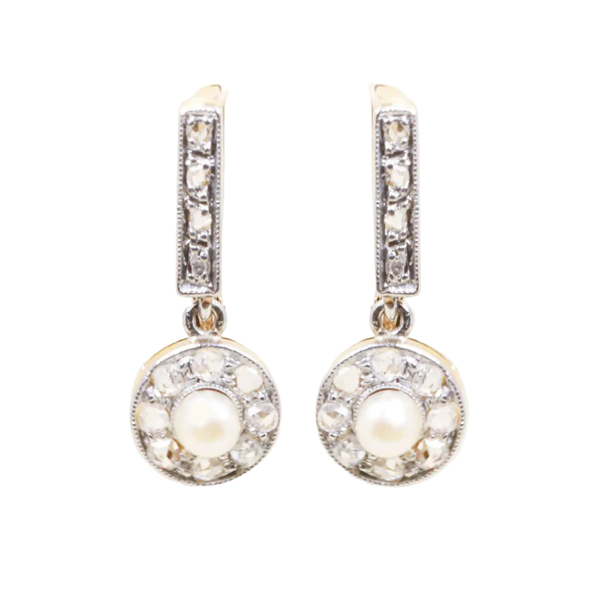 Yellow Gold Lever-back Earrings with Pearls and Diamonds