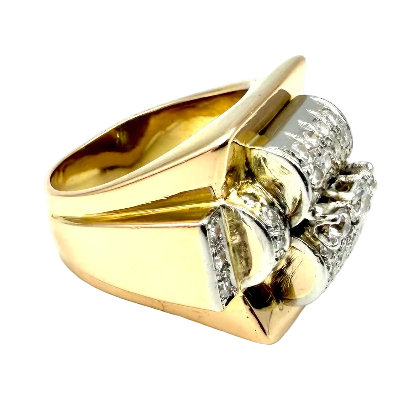 Tank Ring in yellow gold, Platinum, and Diamonds