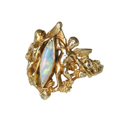 Vintage Angel Ring with Opal and Diamonds in Yellow Gold