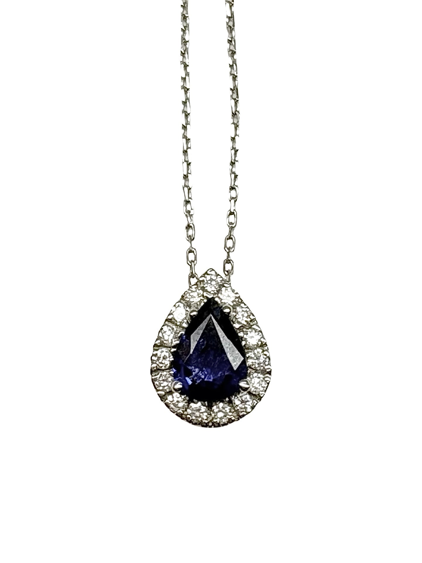 White gold, sapphire, and diamond necklace