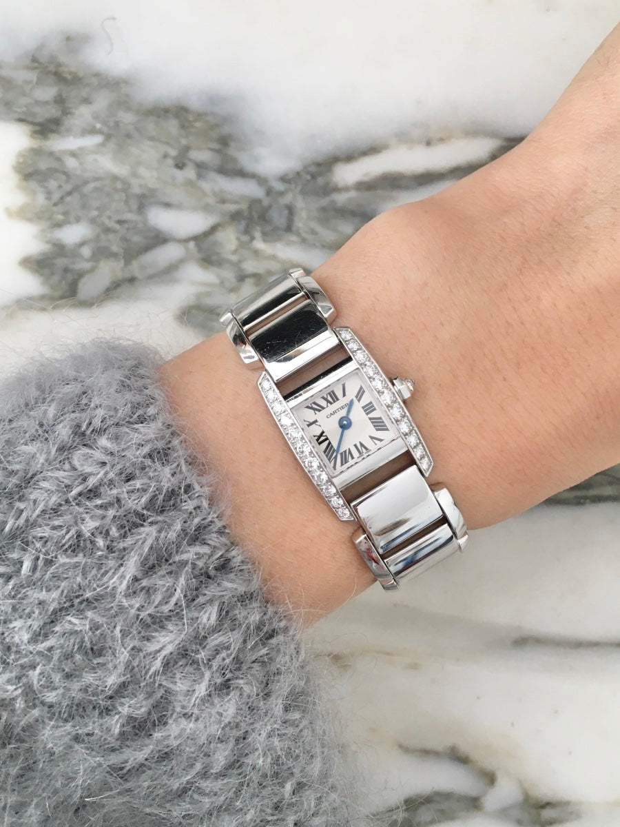 Montre CARTIER Tankissime PM en or blanc, acier et diamants