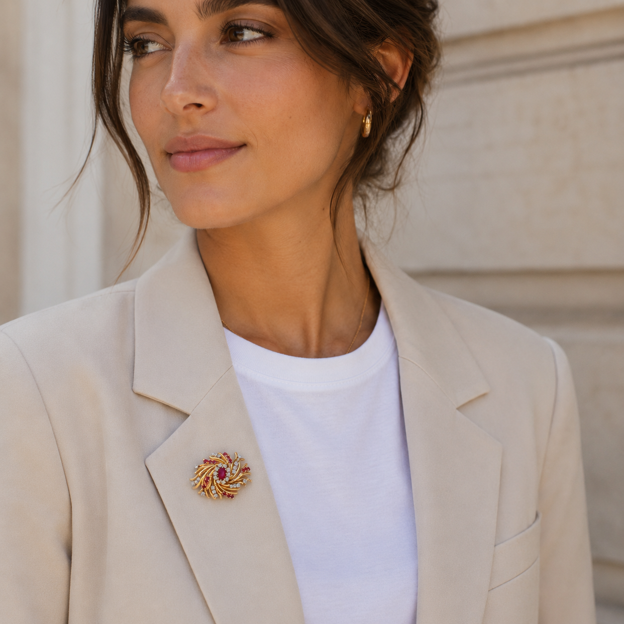 Rose Gold, Ruby, and Diamond Clip Brooch