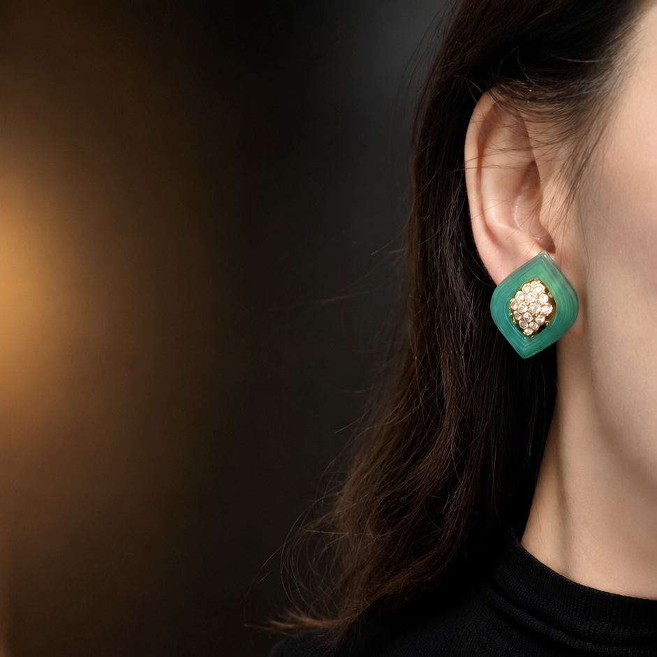 RENE KERN earrings in yellow gold, chrysoprase, and diamonds
