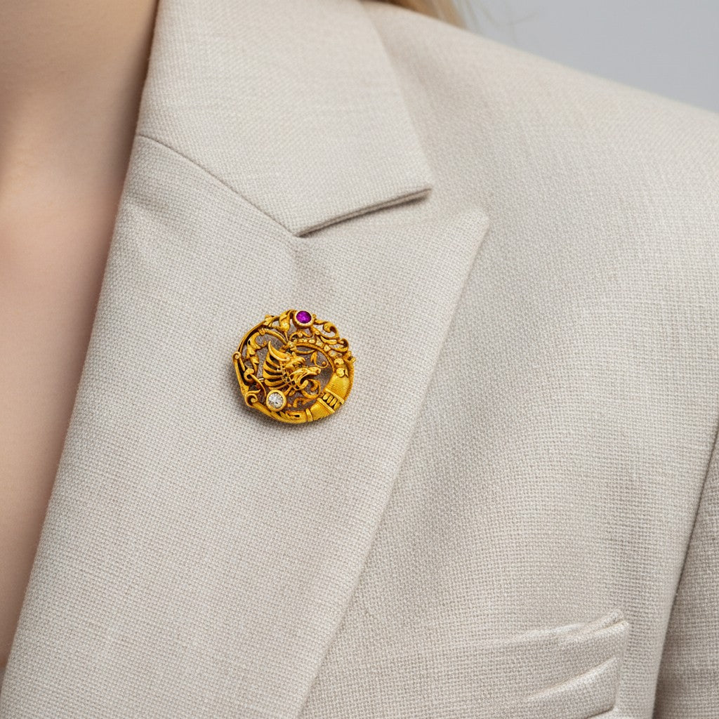 Yellow Gold Brooch with Rubies and Diamonds