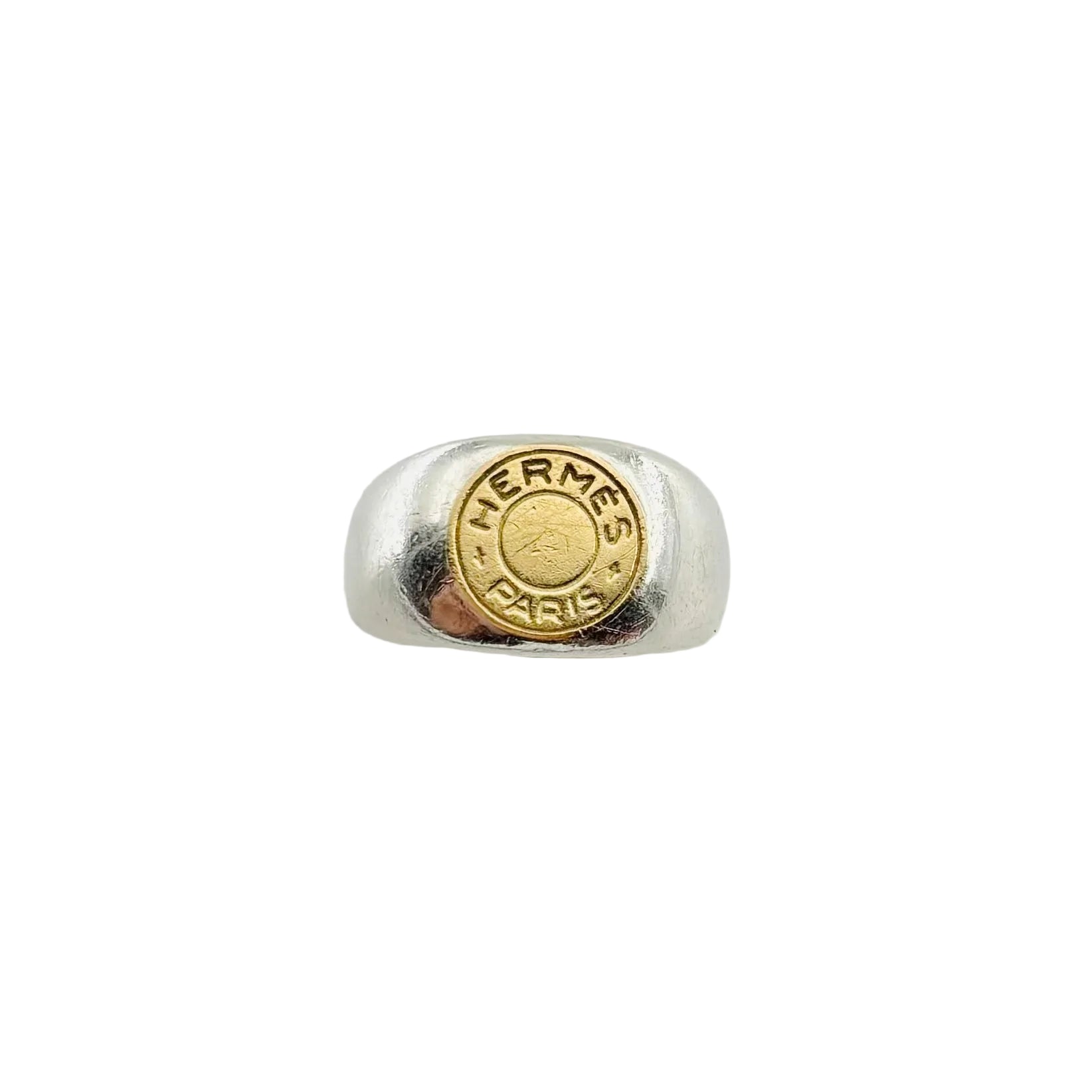 HERMÈS "Clou de selle" Signet ring in Silver and Yellow gold