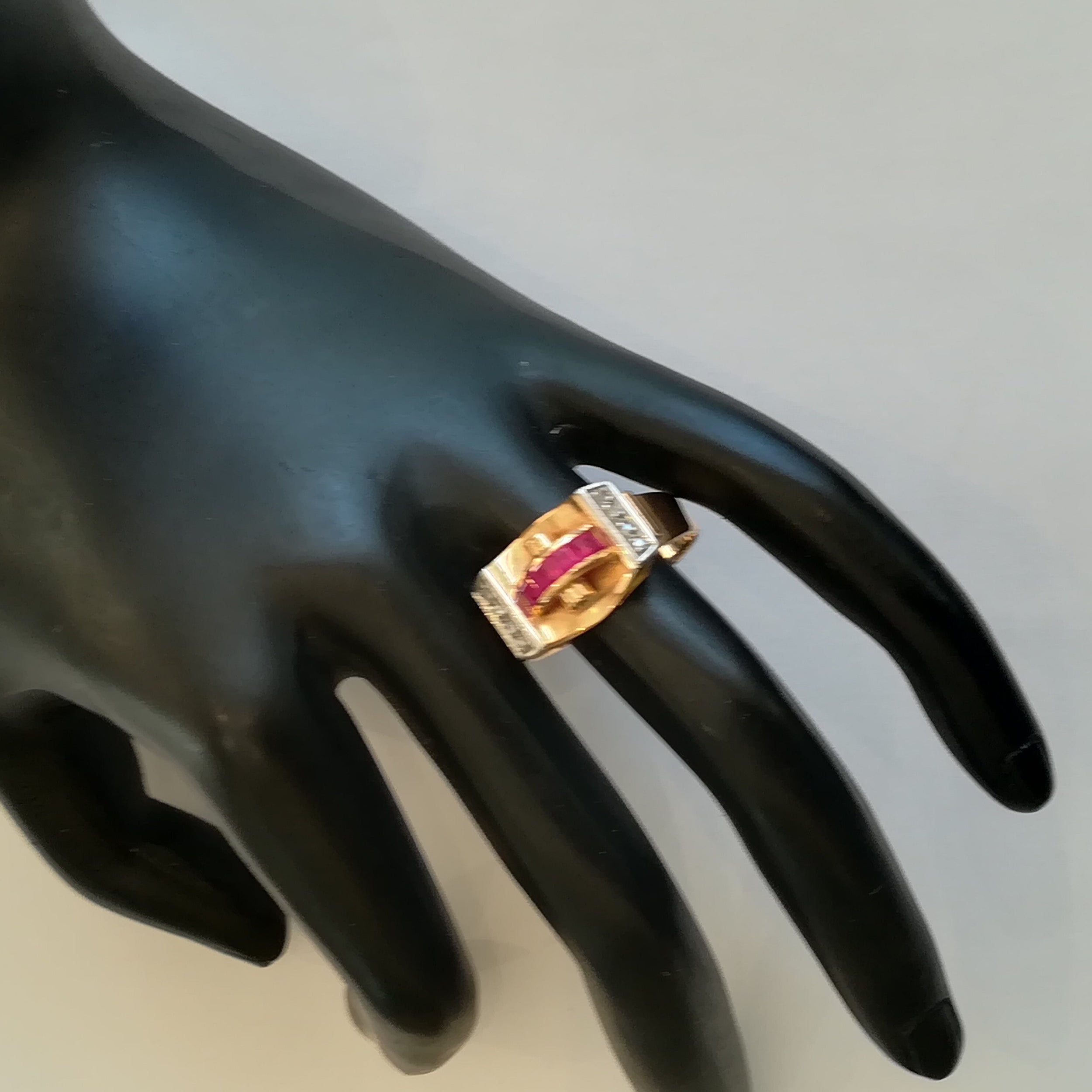 Tank Ring in rose gold, platinum, rubies, and diamonds