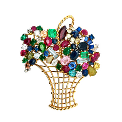 Yellow gold brooch with rubies, sapphires, emeralds, and diamonds