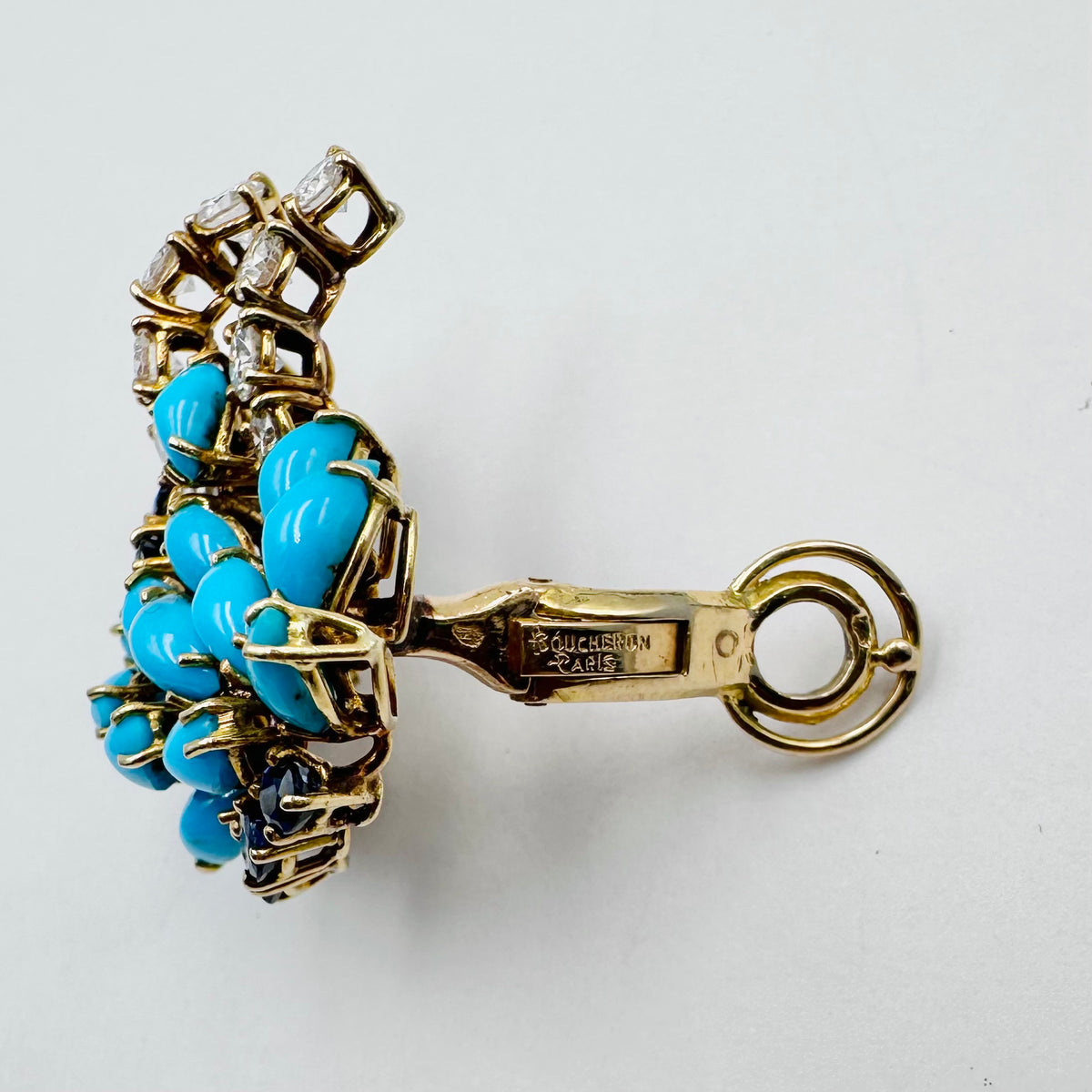 BOUCHERON Yellow Gold Clip-On Earrings with Turquoises, Sapphires, and Diamonds