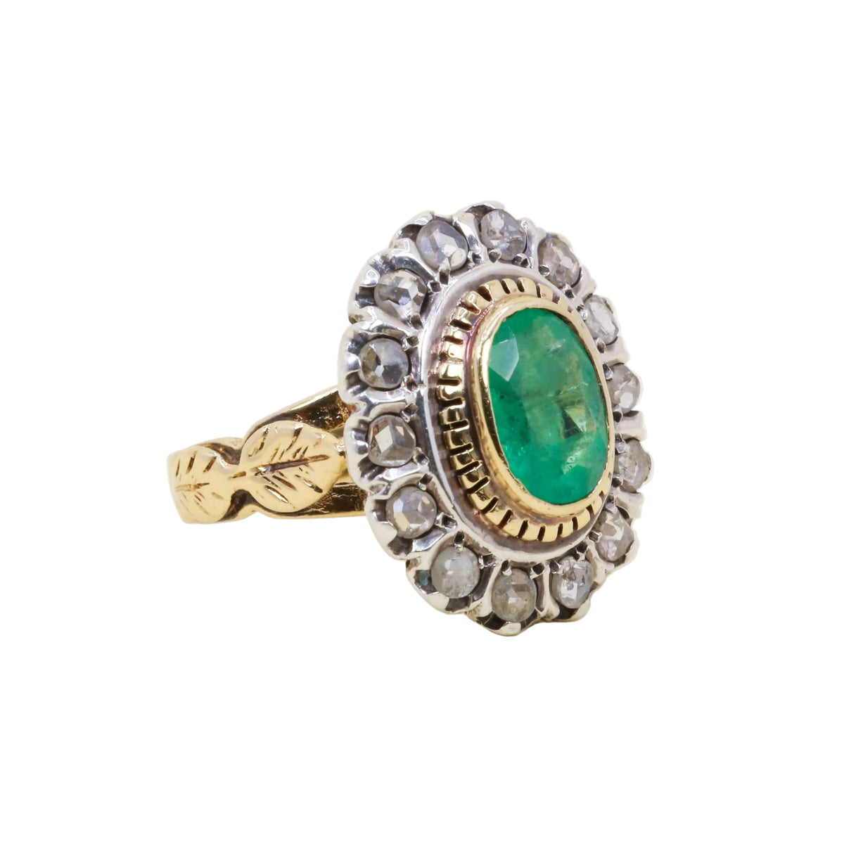 "Entourage" Ring in Yellow Gold, Silver, Emerald, and Diamonds