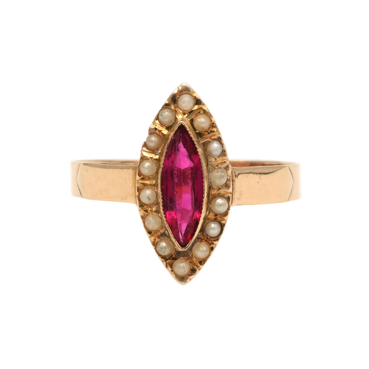 Marquise Ring in Yellow Gold, Pearls, and Rubies