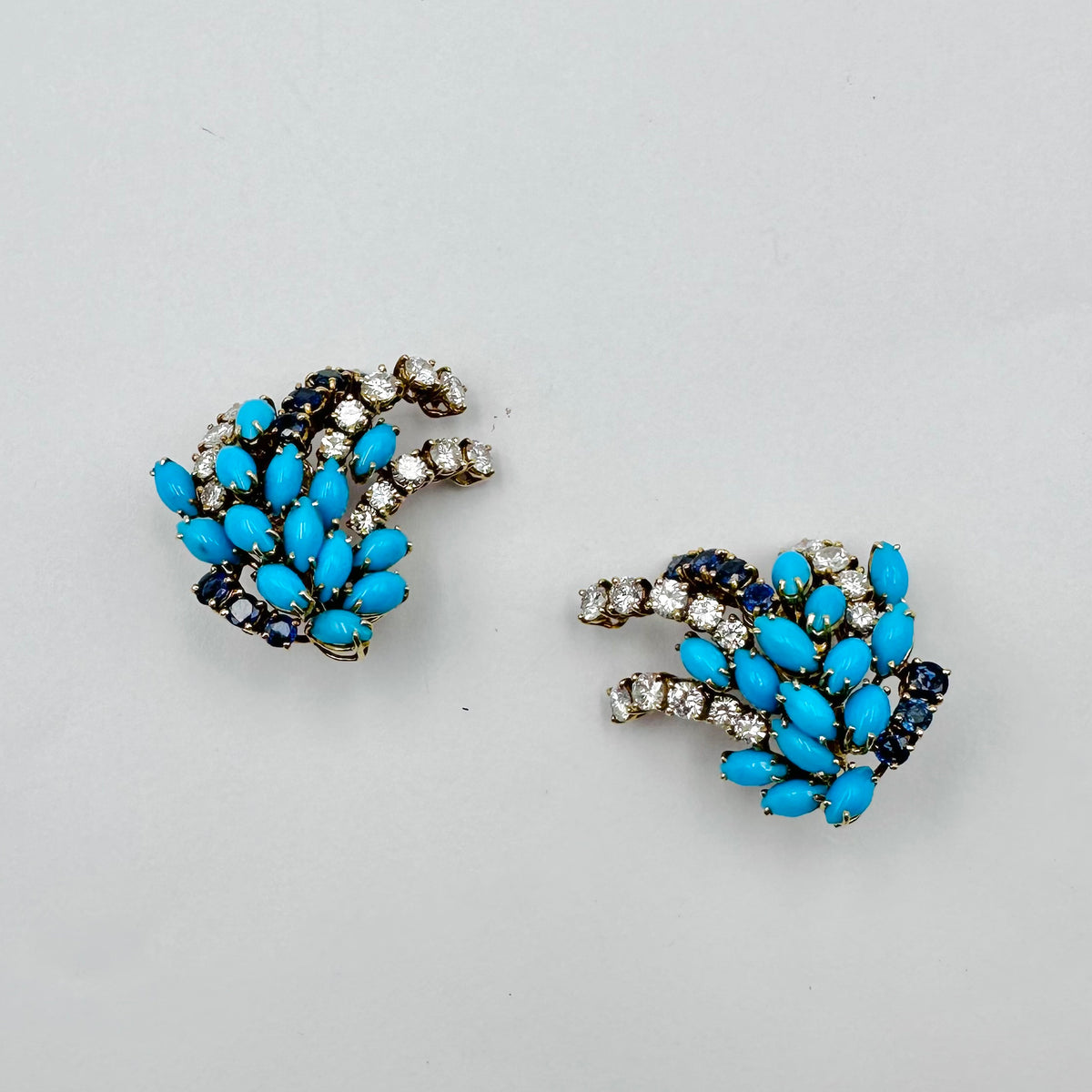 BOUCHERON Yellow Gold Clip-On Earrings with Turquoises, Sapphires, and Diamonds