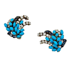 Earrings Clips BOUCHERON yellow gold, turquoise, sapphires and diamonds