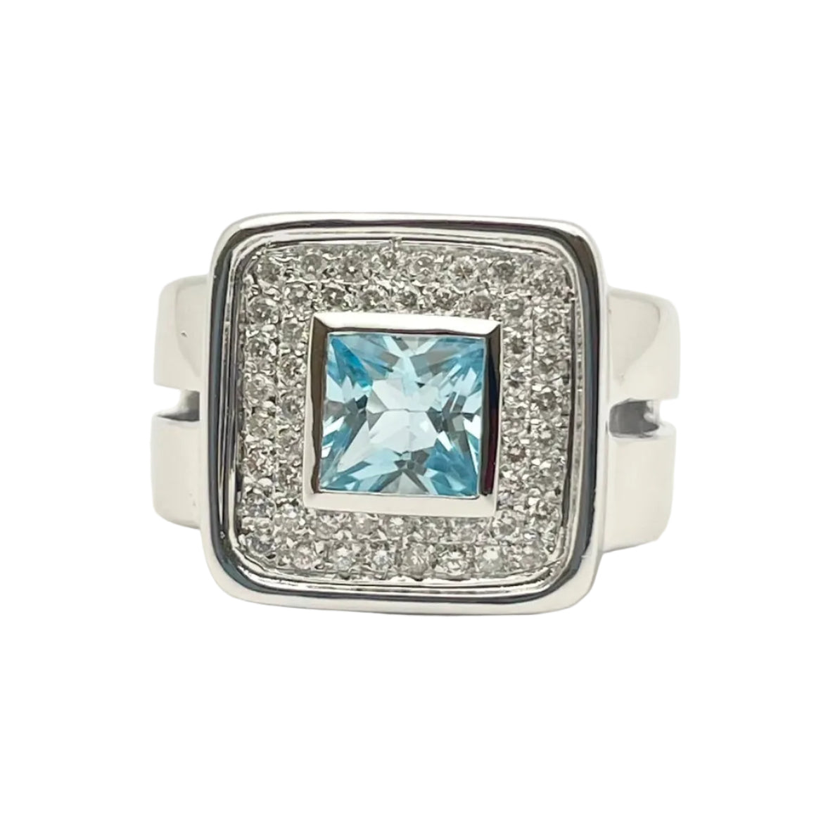 Bague Chevalière en or blanc, topaze et diamants