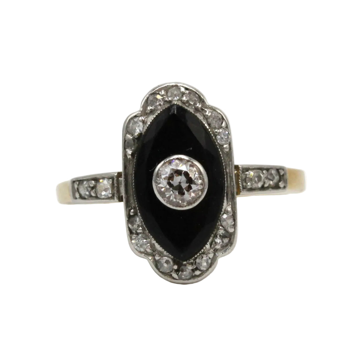 Ring in yellow gold, Platinum, Onyx, and Diamonds