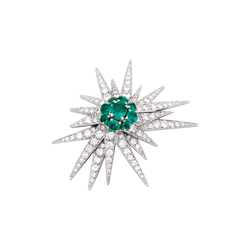 Broche "Étoile", or blanc, platine, émeraudes et diamants.