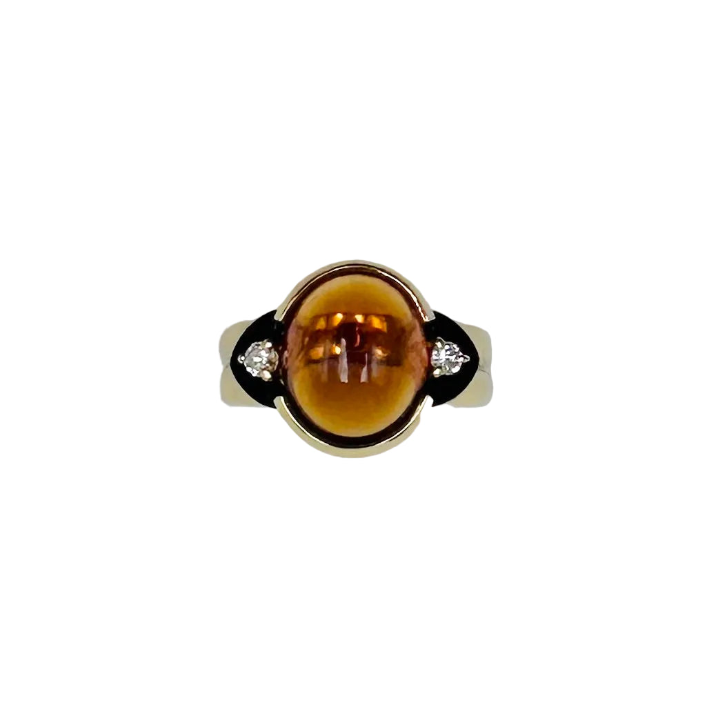 Solitaire Ring in yellow gold, citrine, onyx and diamonds