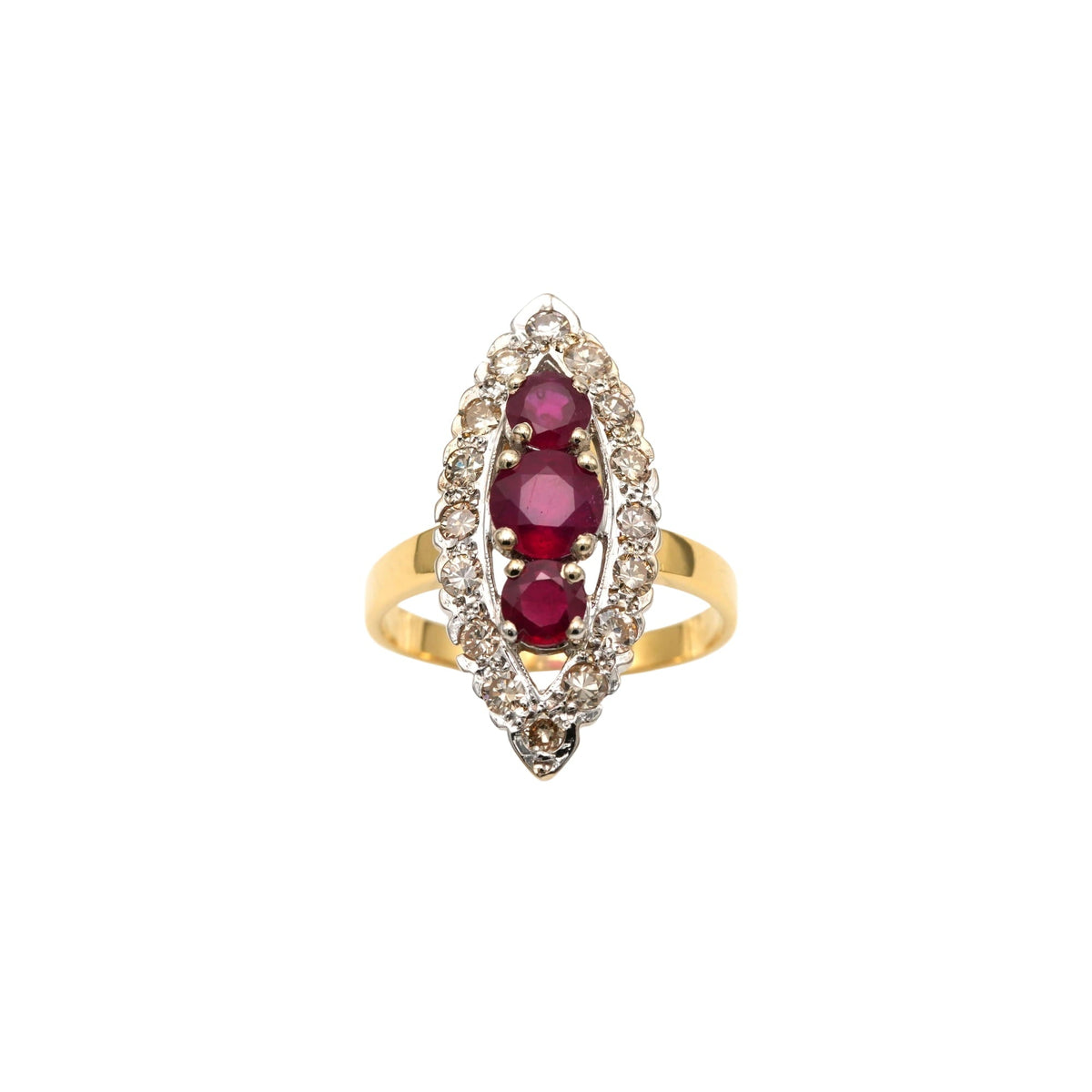 Bague Marquise en or blanc, or jaune, rubis et diamants