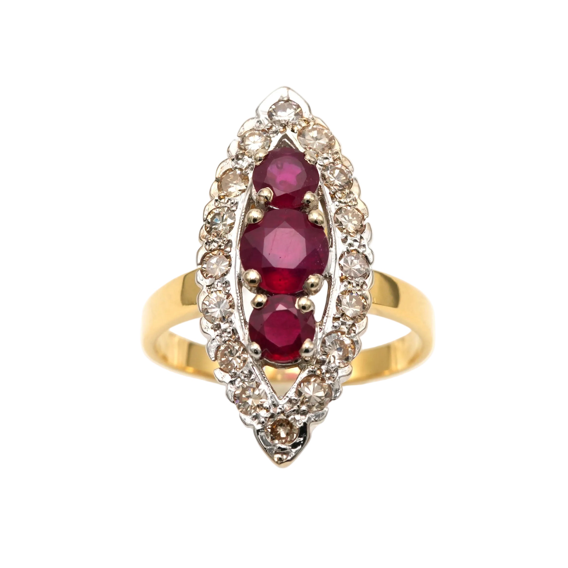 Bague Marquise en or blanc, or jaune, rubis et diamants