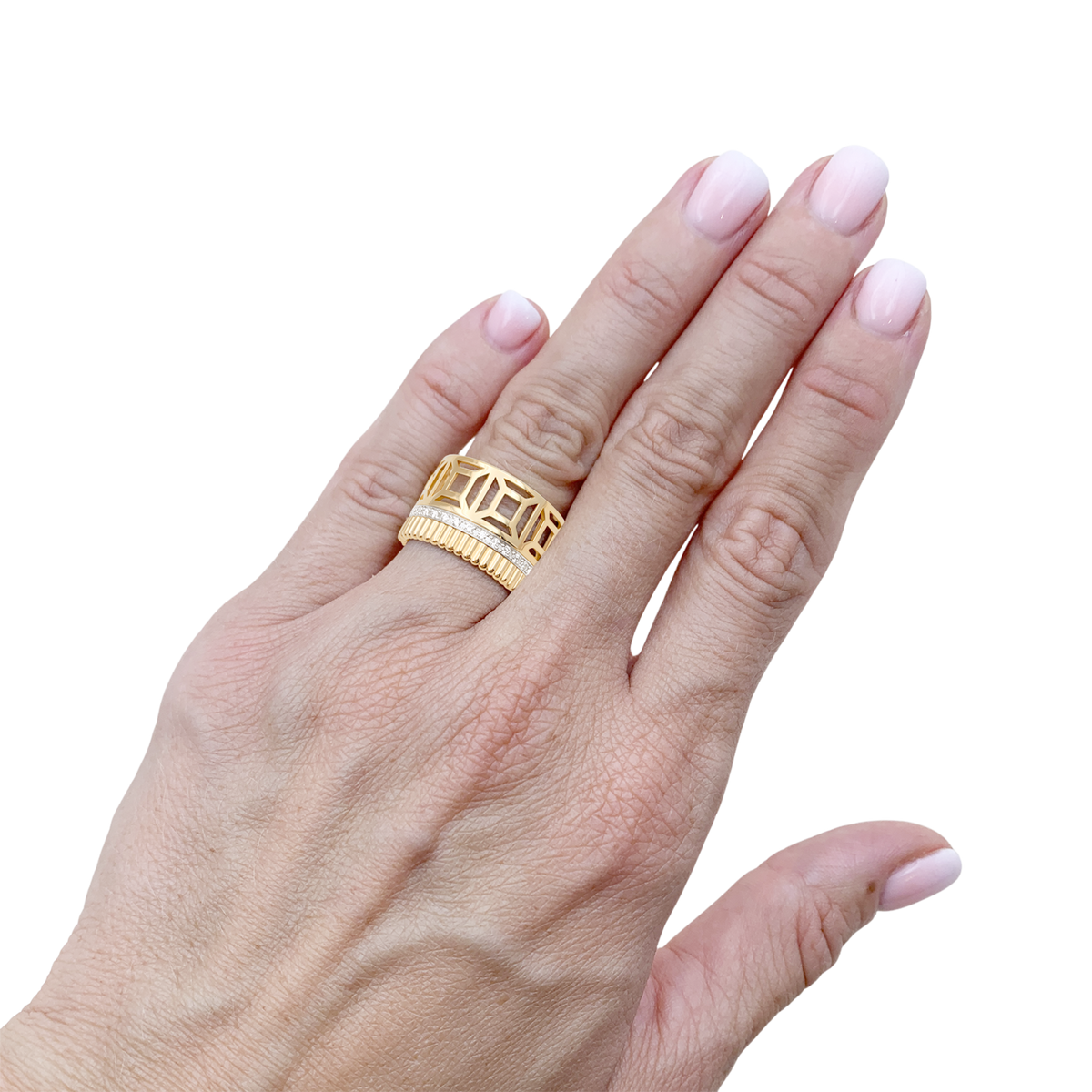 Bague Boucheron "Quatre Radiant Edition Ajourée", or jaune, or blanc, diamants.