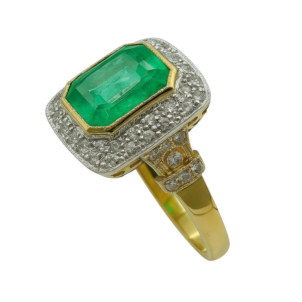 ANILLO EN ORO AMARILLO Y PLATINO CON UNA ESMERALDA Y DIAMANTES - Castafiore