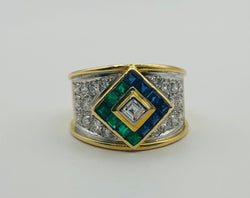 ANILLO EN ORO BICOLOR, CON DIAMANTES, ZAFIROS Y ESMERALDAS - Castafiore